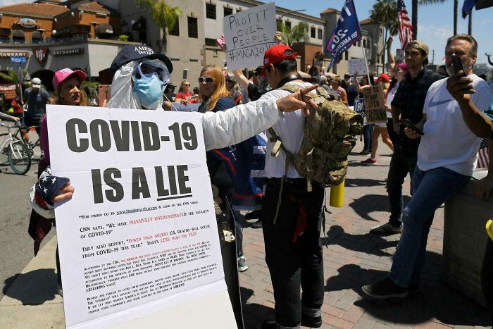 A person holding a sign that reads COVID-19 IS A LIE at a protest, an unfortunate display of stupidity.