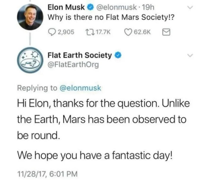 A screenshot showing Elon Musk's tweet about a Flat Mars Society and Flat Earth Society's reply, highlighting displays of stupidity online.