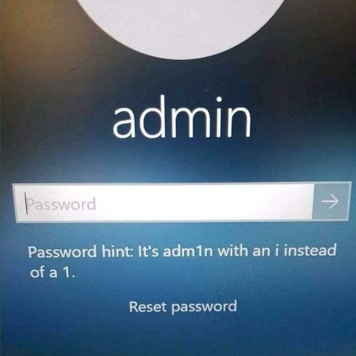 A computer login screen with the username admin and a password hint that reveals the password, a display of stupidity.