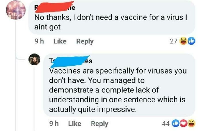 A social media exchange displaying stupidity about vaccines and how they work.