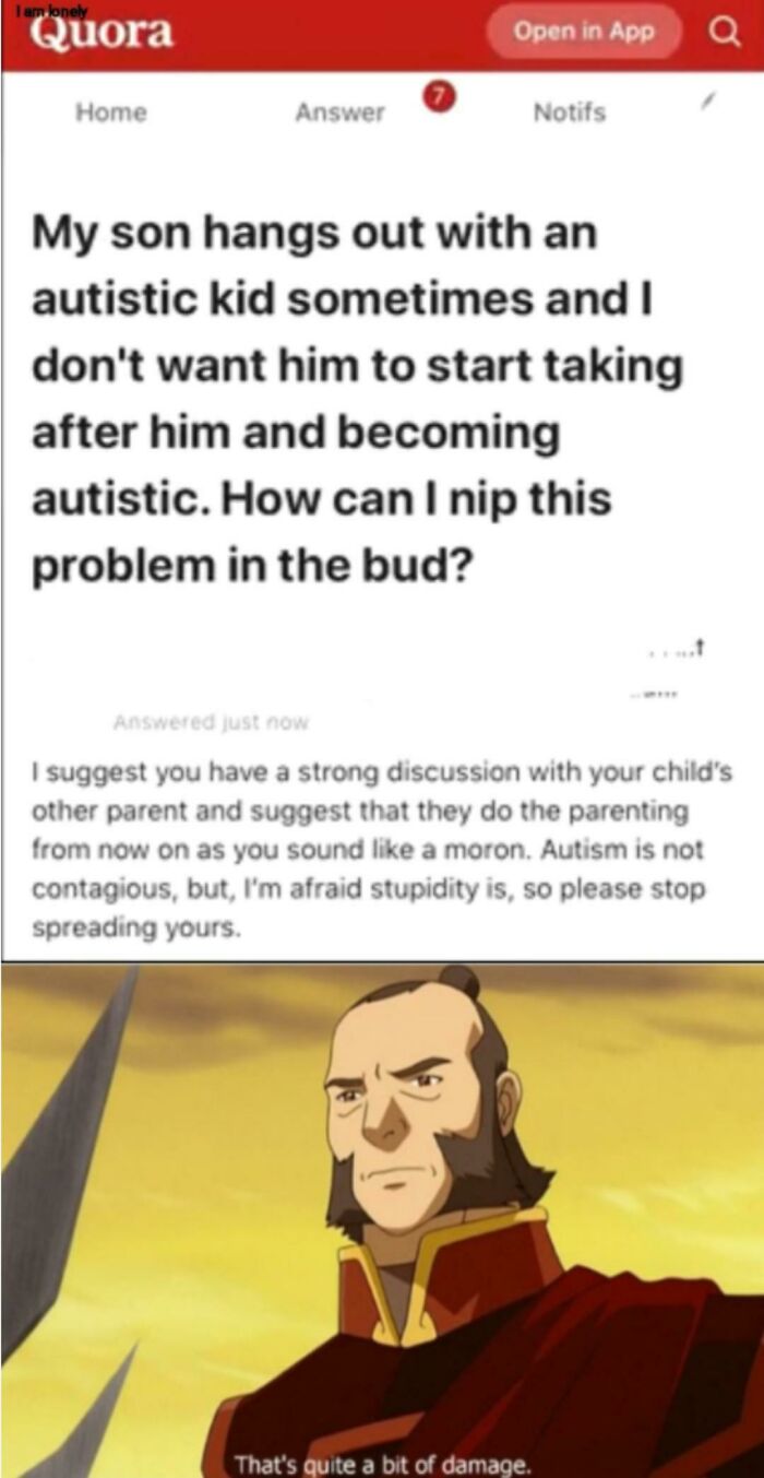 A Quora post and reply showcasing stupidity about autism, with an Avatar character meme.