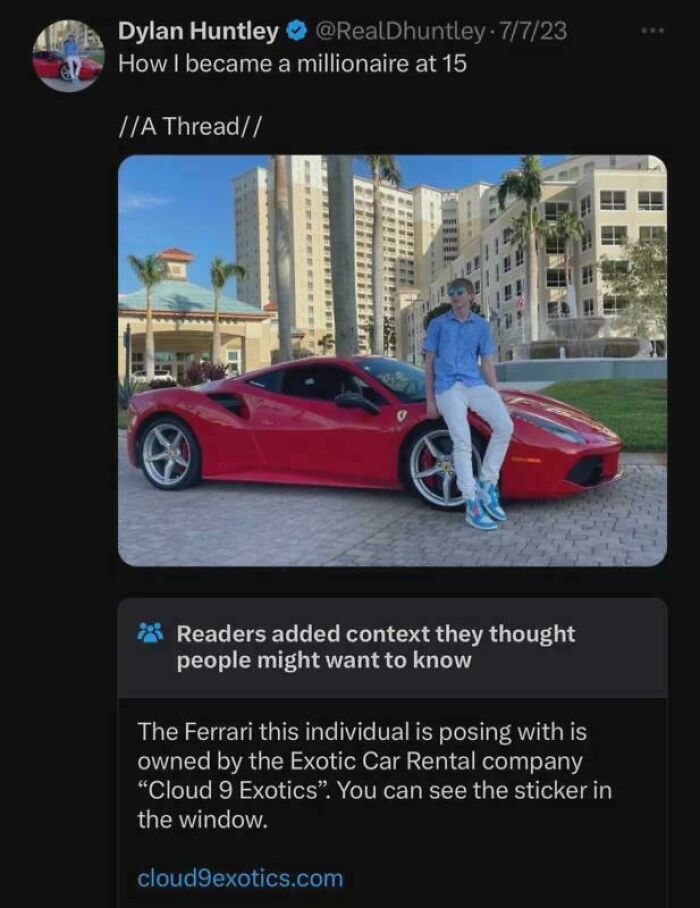 A young man posing with a red Ferrari, with a comment below revealing the car is from a rental company, highlighting displays of stupidity.