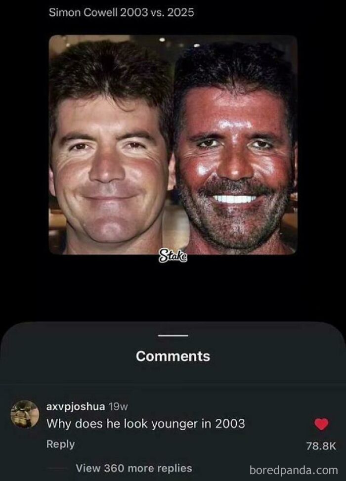 A split image showing Simon Cowell in 2003 with a natural smile and in 2025 with an overly tanned face, demonstrating displays of stupidity.