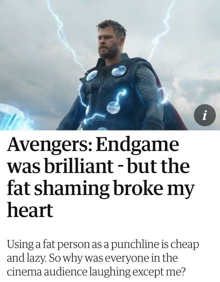 A news article headline about fat-shaming in Avengers: Endgame, highlighting an unfortunate display of stupidity.