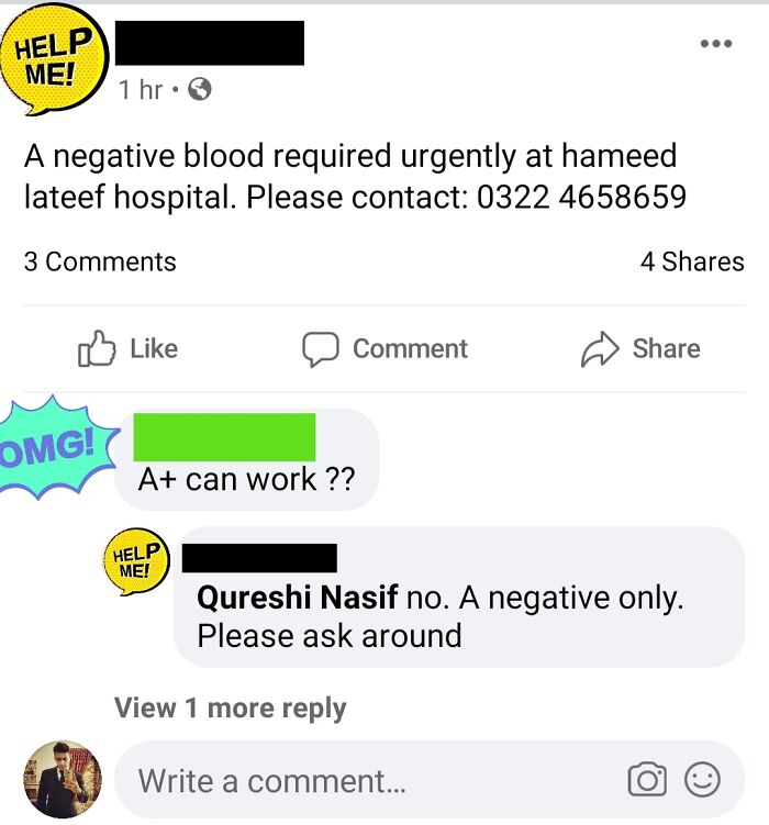A social media post displaying stupidity, asking if A+ blood can work when A negative is urgently needed.
