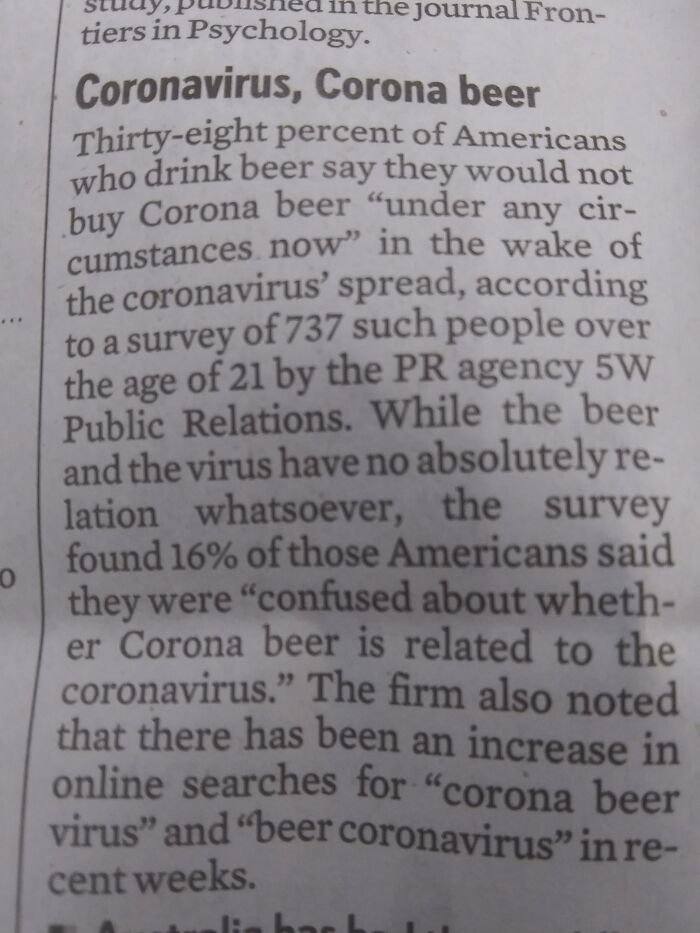 A newspaper article discussing the display of stupidity from people confused about Corona beer and the Coronavirus.
