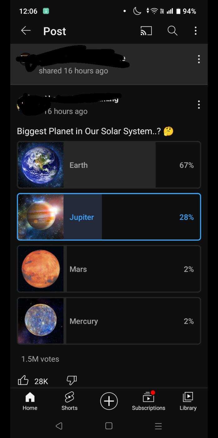 A screenshot of a poll displaying stupidity with incorrect answers about the biggest planet in our solar system.