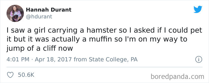 A screenshot of a tweet by Hannah Durant, displaying a moment of stupidity where she mistook a muffin for a hamster.