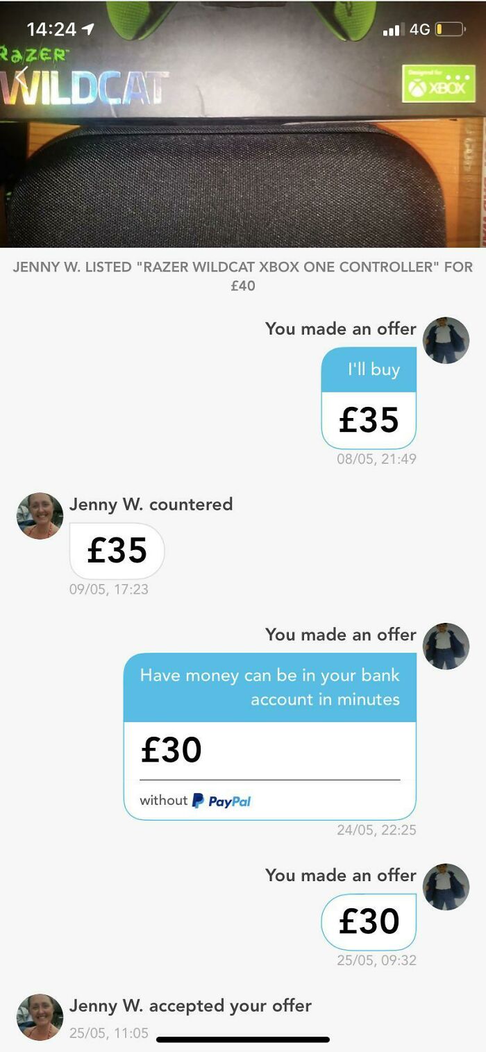 A screenshot of a mobile conversation where a buyer haggles for a Razer Wildcat Xbox One controller, showcasing financial stupidity.