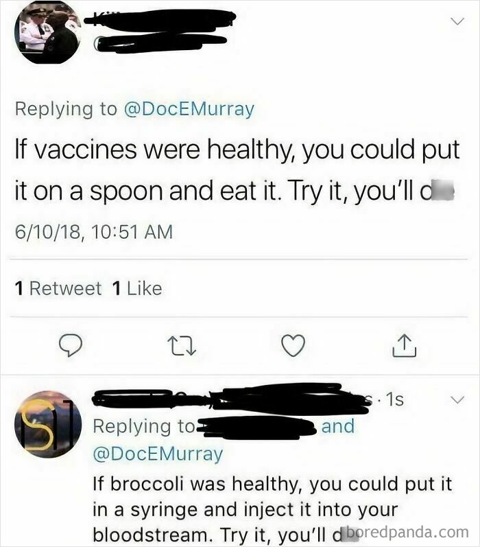 A Twitter conversation about vaccines and broccoli, highlighting displays of stupidity.