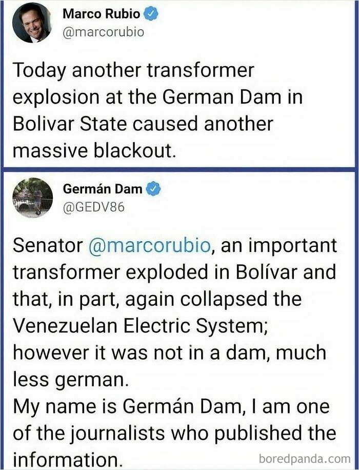 A Twitter exchange highlighting a display of stupidity where Marco Rubio confuses a person's name with a German dam.