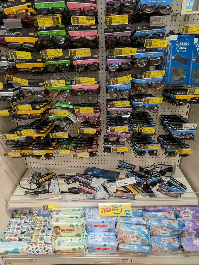 Service industry workers questioning job: reading glasses display in disarray with many pairs knocked off the shelves.