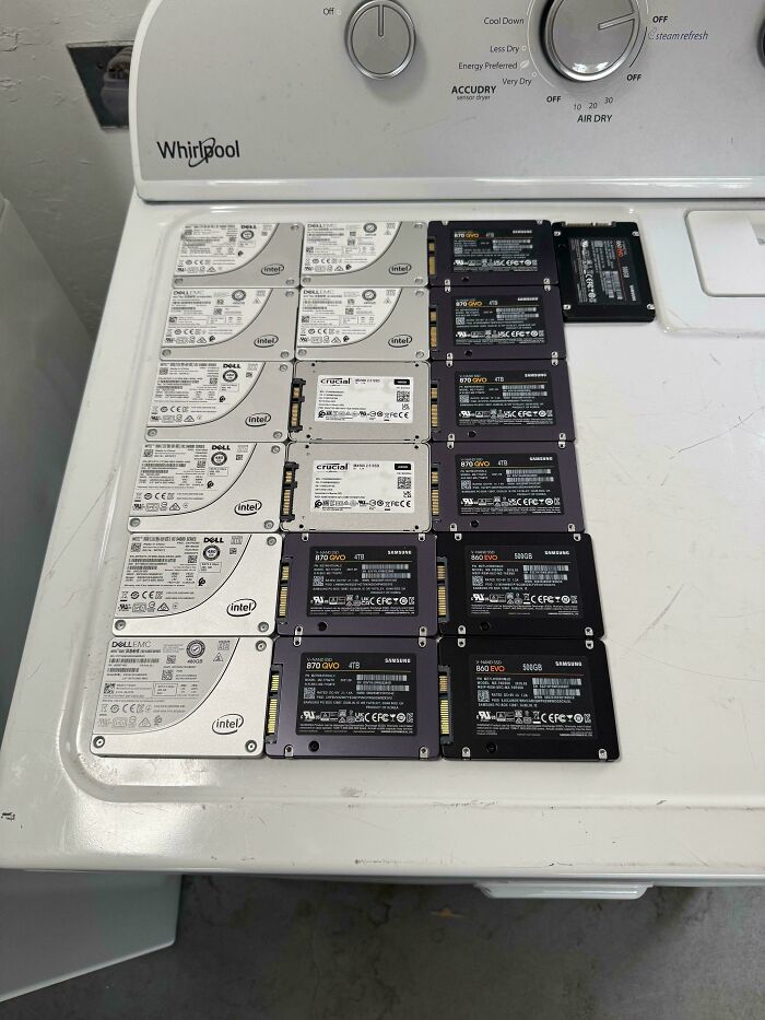 Satisfying and genius technologies: An assortment of SSDs and hard drives neatly arranged on top of a washing machine.