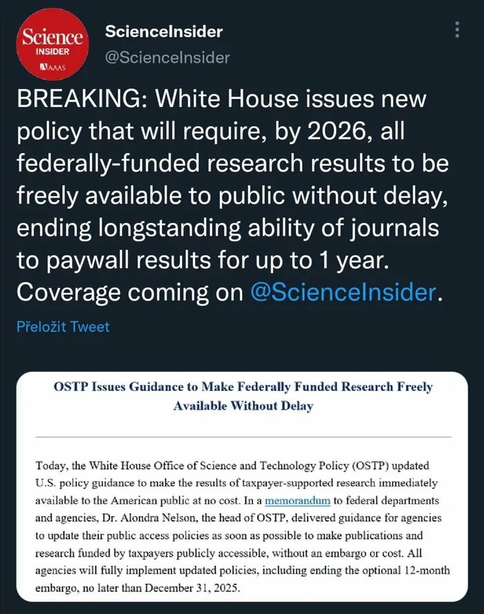 A tweet from ScienceInsider about new policies making federally-funded research results freely available. Genius technology in policy.