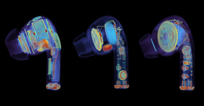 X-ray view of wireless earbuds, showcasing the complex internal technologies that make everyday life easier.