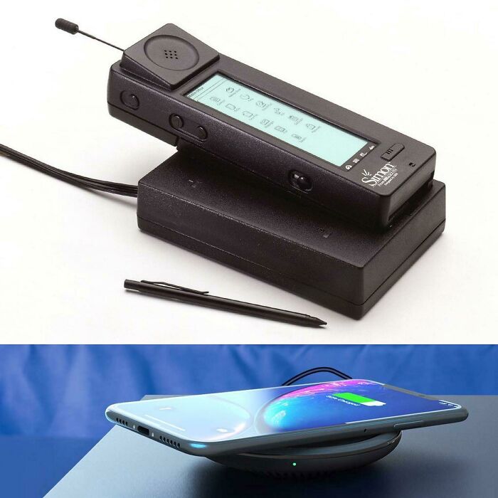A classic IBM Simon Personal Communicator next to a modern smartphone, showing evolving technologies.