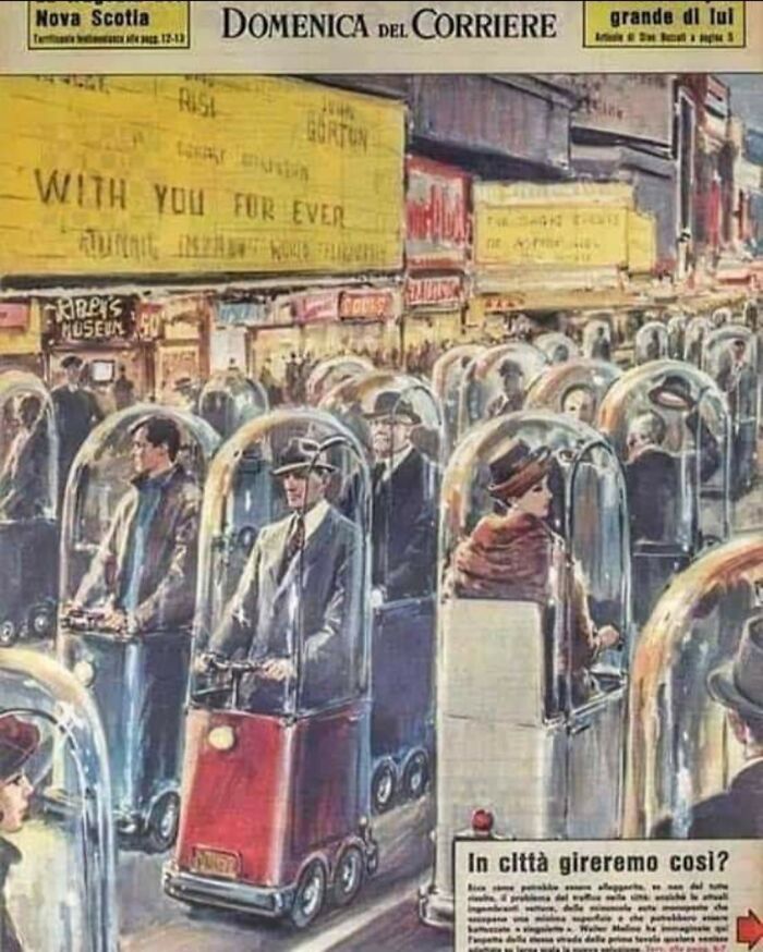 An old illustration depicting a future city with people in individual bubble vehicles, highlighting genius technologies for transport.
