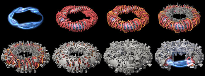 A series of complex toroidal structures depicting fusion reactor designs, showcasing genius technologies.