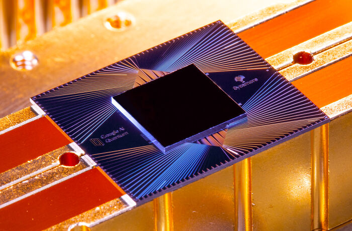A close-up of a Google AI Quantum chip, illustrating sophisticated genius technologies for computing.