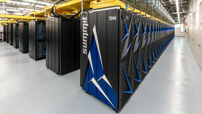 Rows of powerful IBM Summit supercomputers, representing genius technologies that make life easier.