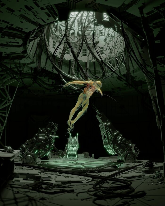 Futuristic scene depicting advanced technologies, a human-like figure suspended amidst cables, making everyday life easier.