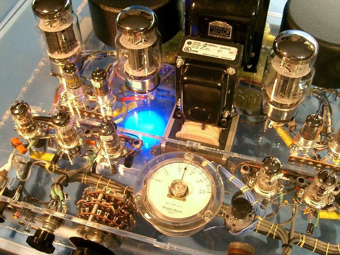 Close-up of vintage vacuum tube technologies, an intricate display of genius that makes everyday life easier.