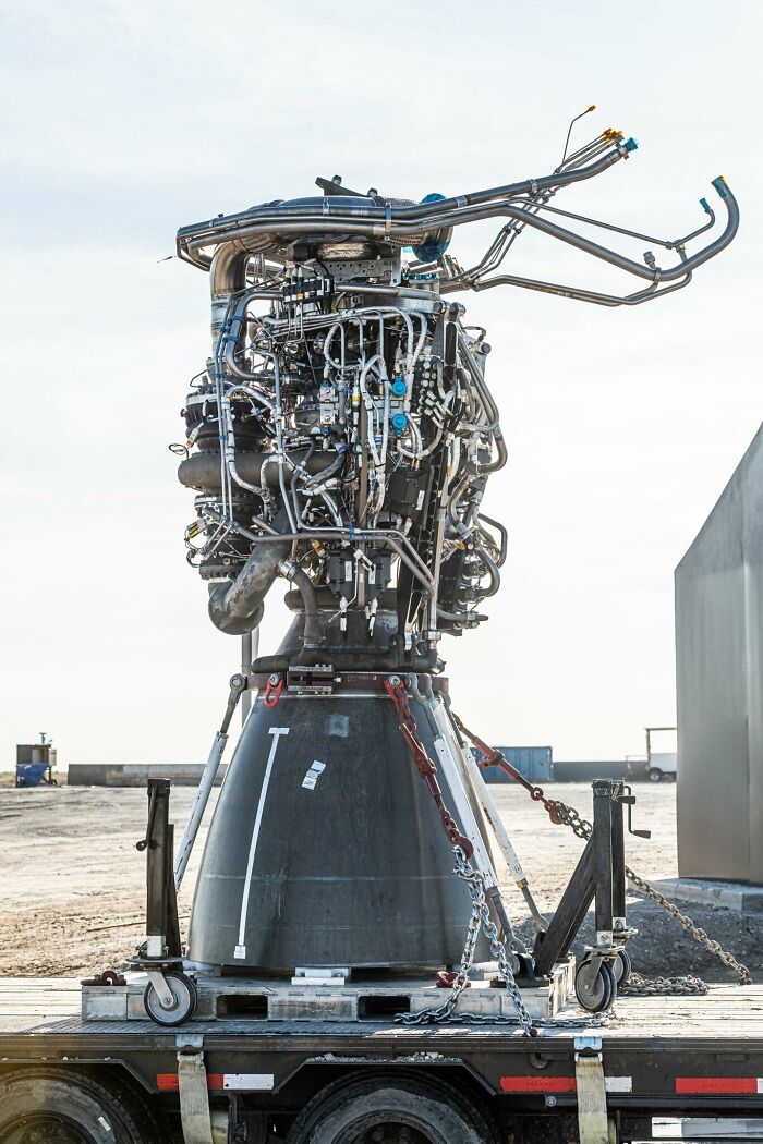 A massive rocket engine on a transport stand, symbolizing the powerful technologies that make everyday life easier.