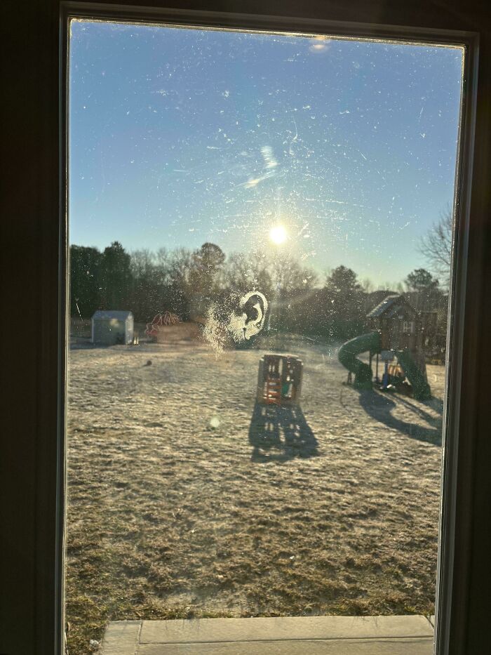 A creepy and confusing image of a window with a dirty ear print on it, overlooking a frosty backyard, needing a priest.