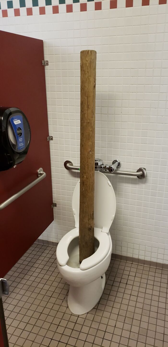 A creepy and confusing image of a wooden log placed inside a toilet in a public restroom, needing a priest.