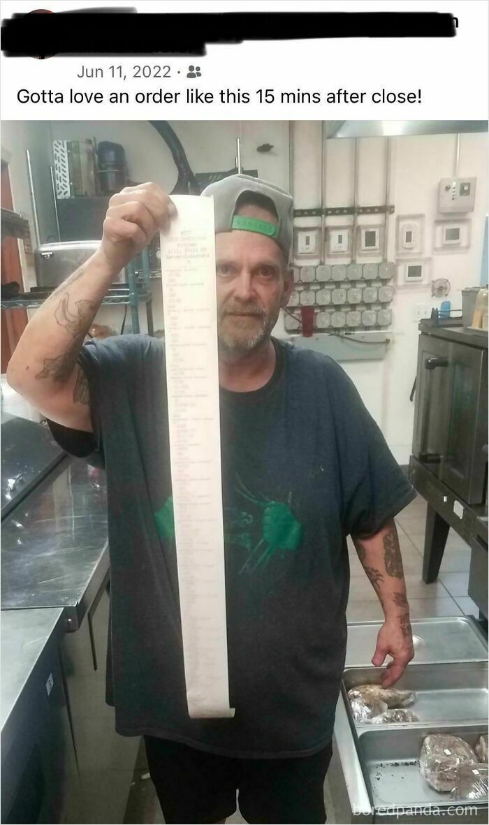 A service industry worker holds a ridiculously long receipt, questioning if they really need their job.