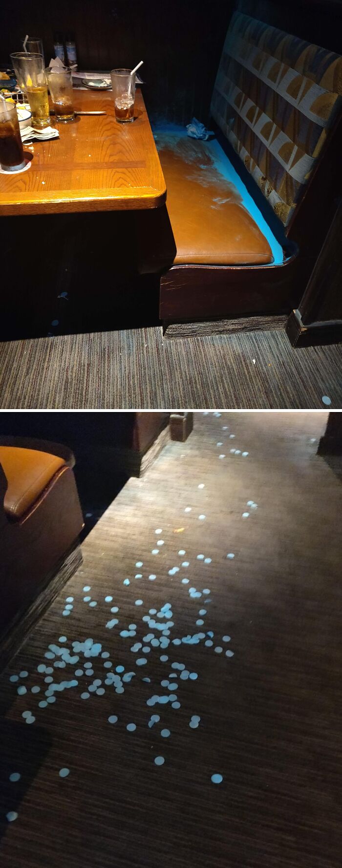 Service industry workers endure messy floors covered in small white pieces and a dirty booth.