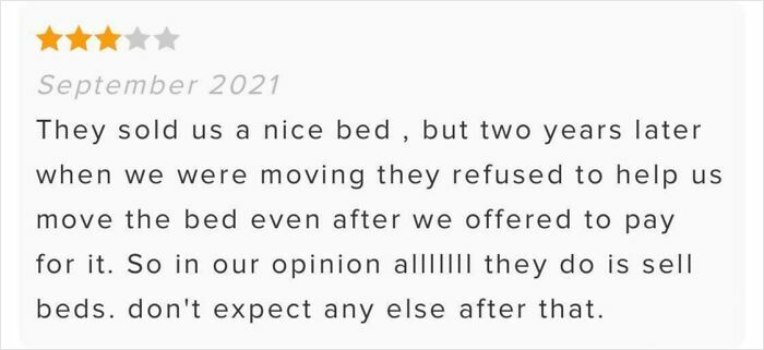 A customer review questioning bad service industry workers, highlighting poor customer care experience from a furniture store.