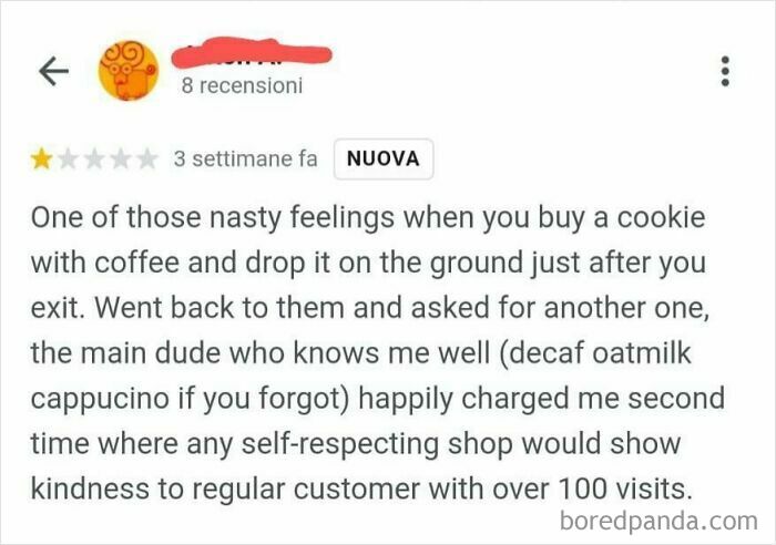 Online review from a service industry worker about being charged for a dropped cookie, questioning their job.