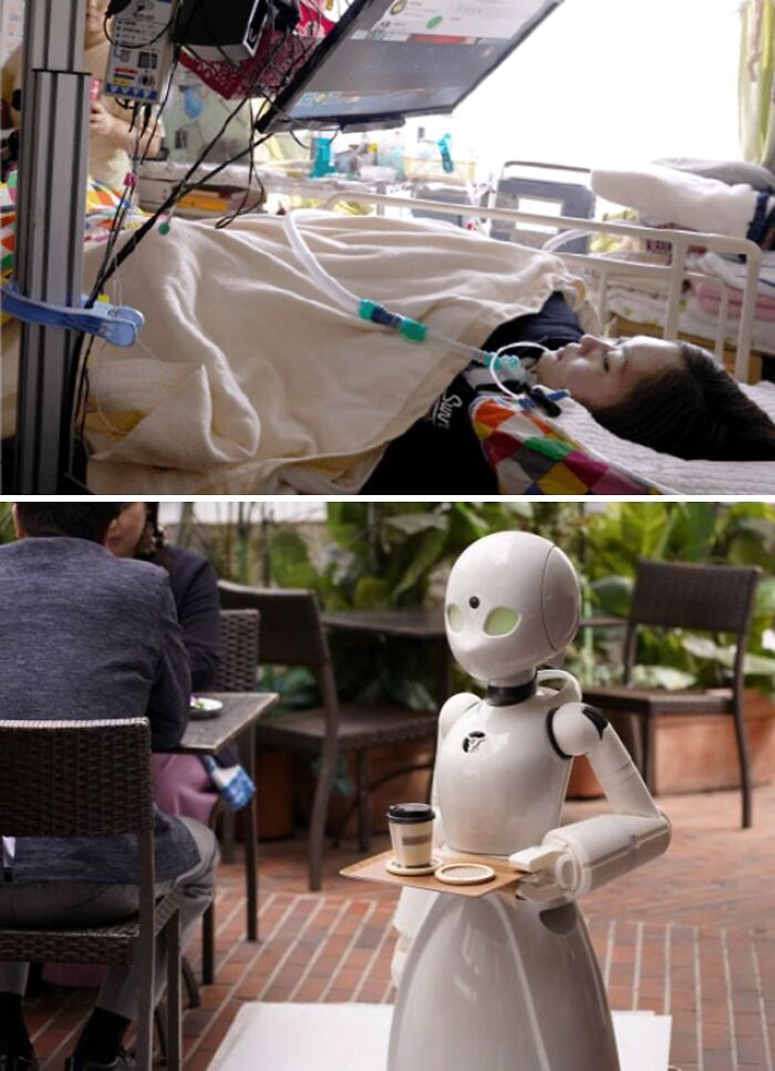 Satisfying and genius technologies: A person lying in bed using assistive tech and a robot serving coffee.