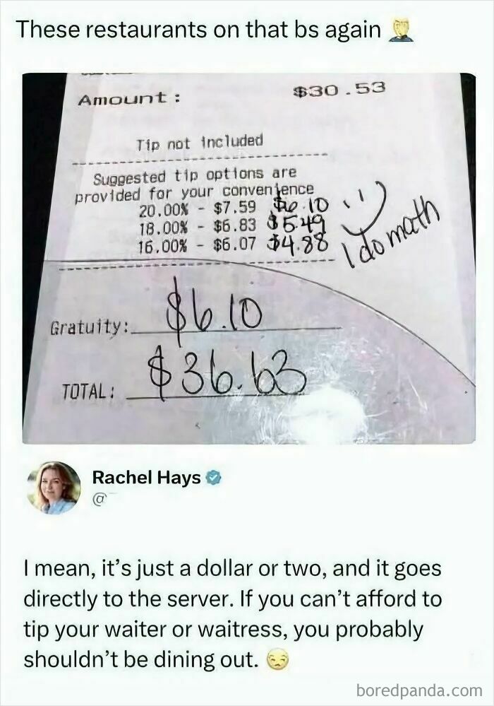 Service industry worker showing a restaurant bill with incorrect tip suggestions, questioning their job.