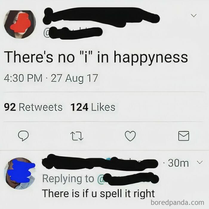 A social media post demonstrating stupidity by misspelling 'happiness' and being corrected.