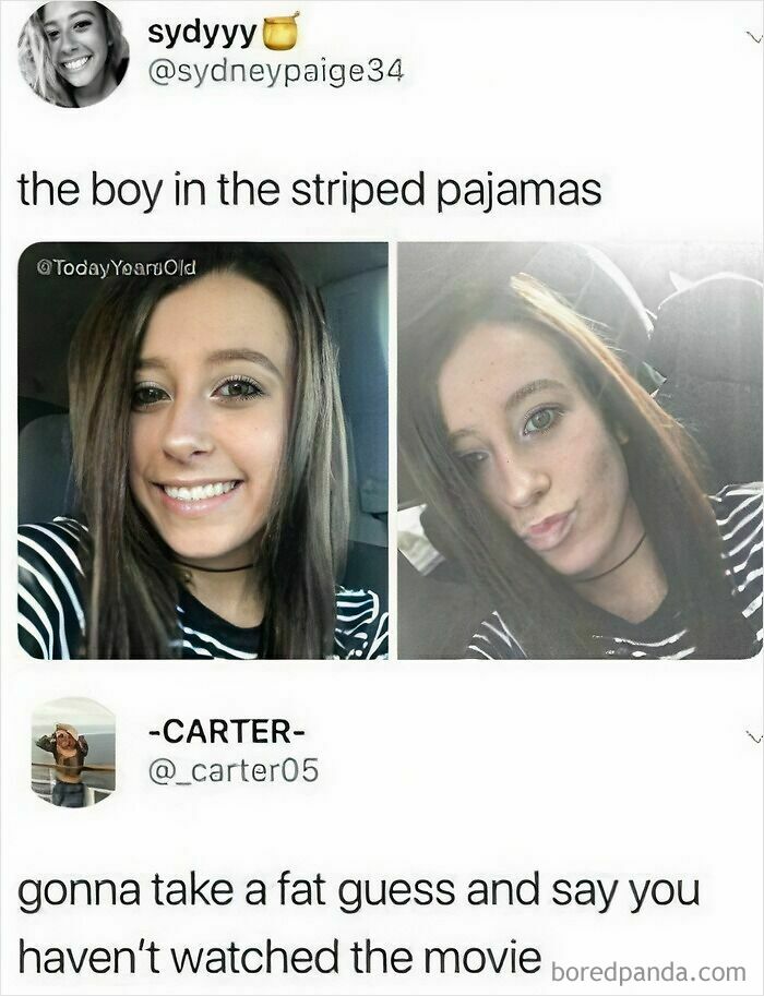 A social media post, a display of stupidity, where a woman misidentifies herself with 'the boy in the striped pajamas'.