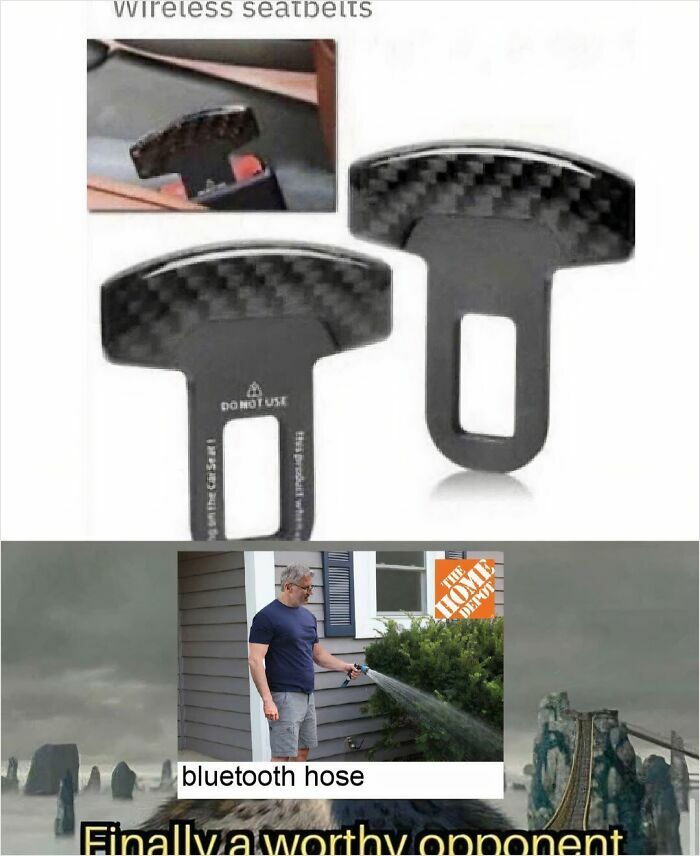 A compilation of images showing products with design stupidity: bluetooth seatbelts and a bluetooth hose for gardening.