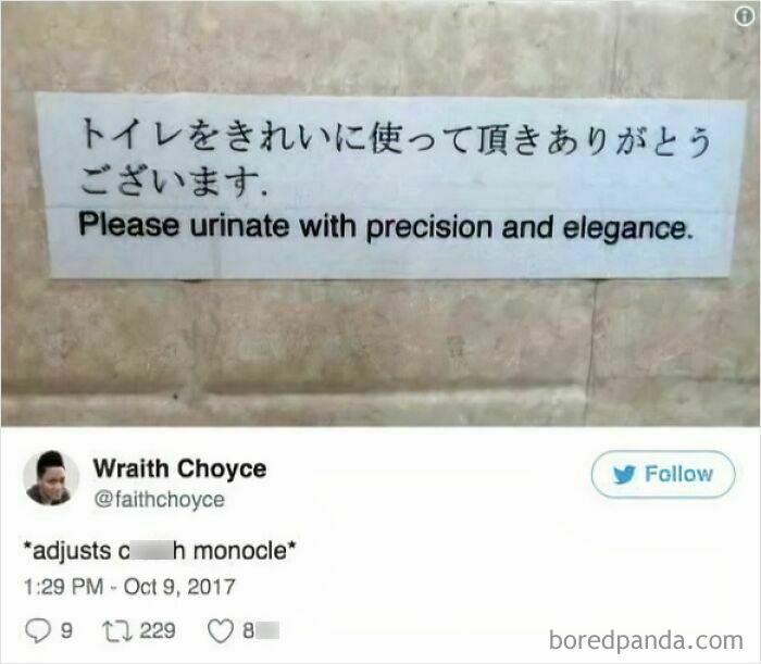 A sign in Japanese and English, asking people to urinate with precision and elegance, highlighting human stupidity.
