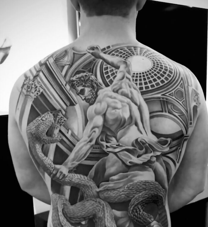 Monochromatic Greek mythology themed back tattoo art, demonstrating inspiring examples of tattoo art.