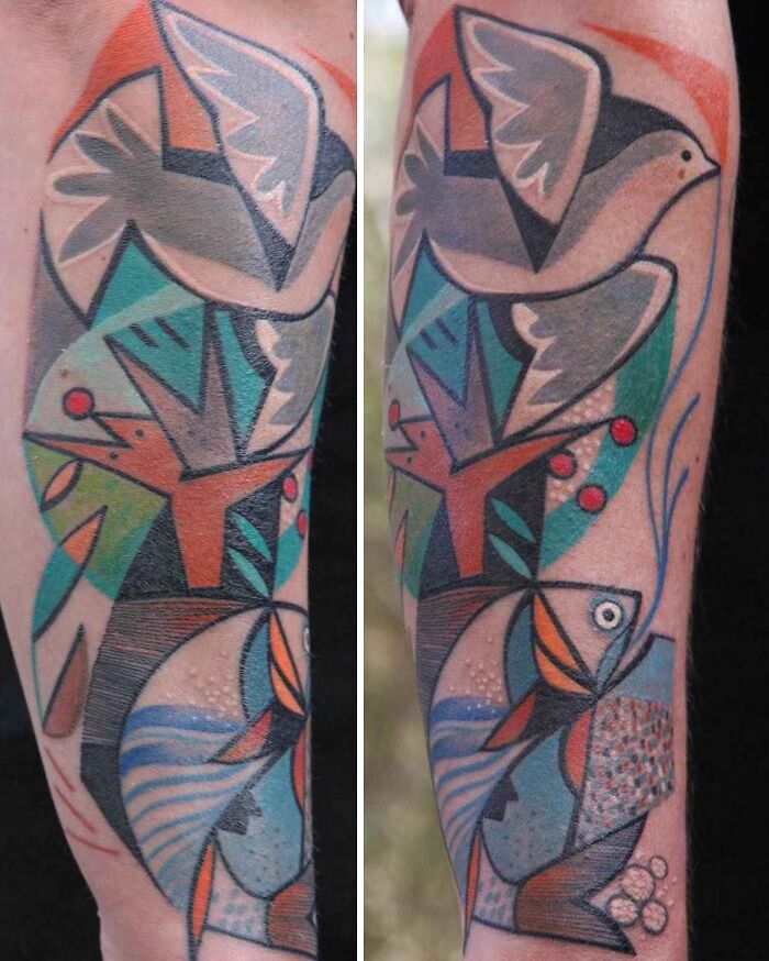 Abstract geometric tattoo art on an arm with birds and fish, illustrating inspiring tattoo art.