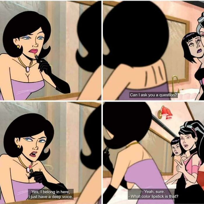 A wholesome cartoon comic showing two women, one applying lipstick, portraying a moment of shared experience.