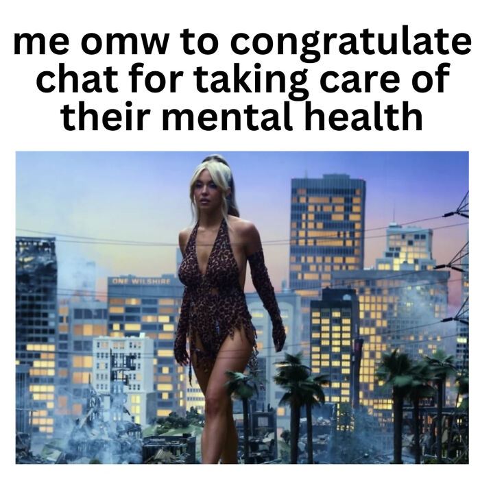 A meme with a woman walking through a city, with text about congratulating chat for taking care of mental health.