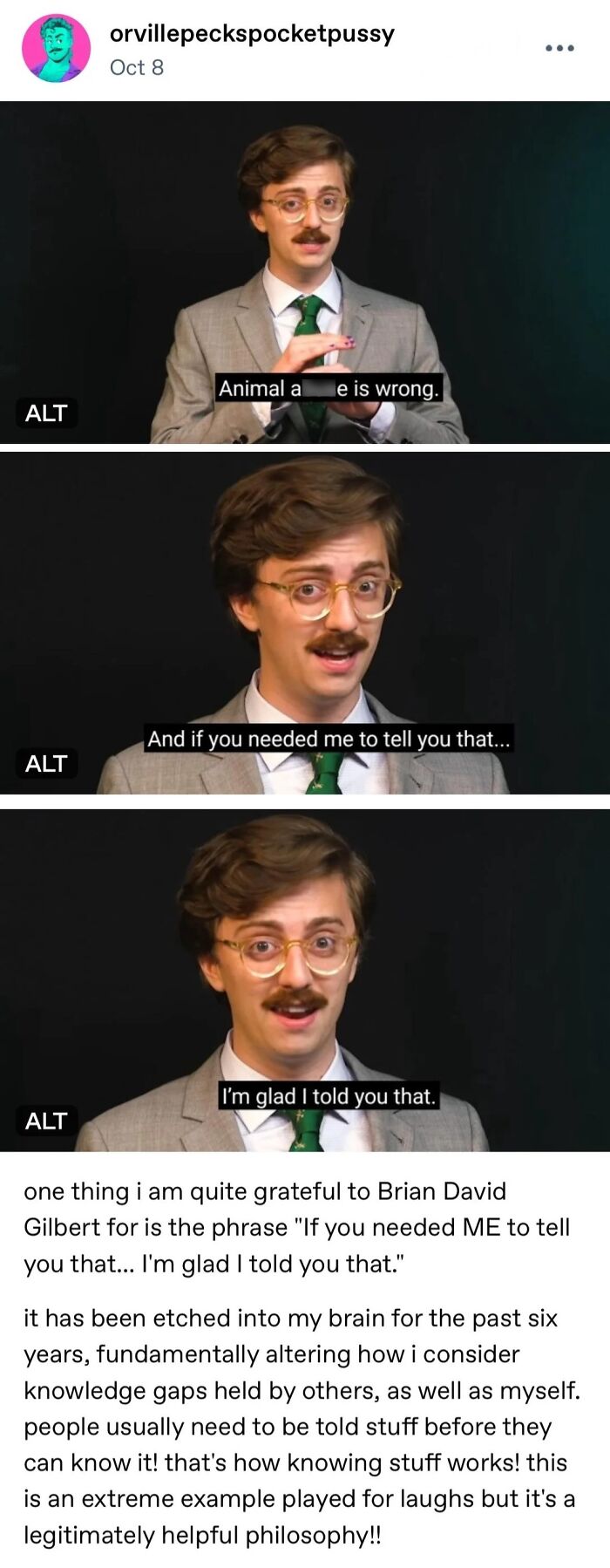 Screenshot of an online post with a man delivering a speech about wholesome people having each other's back online.