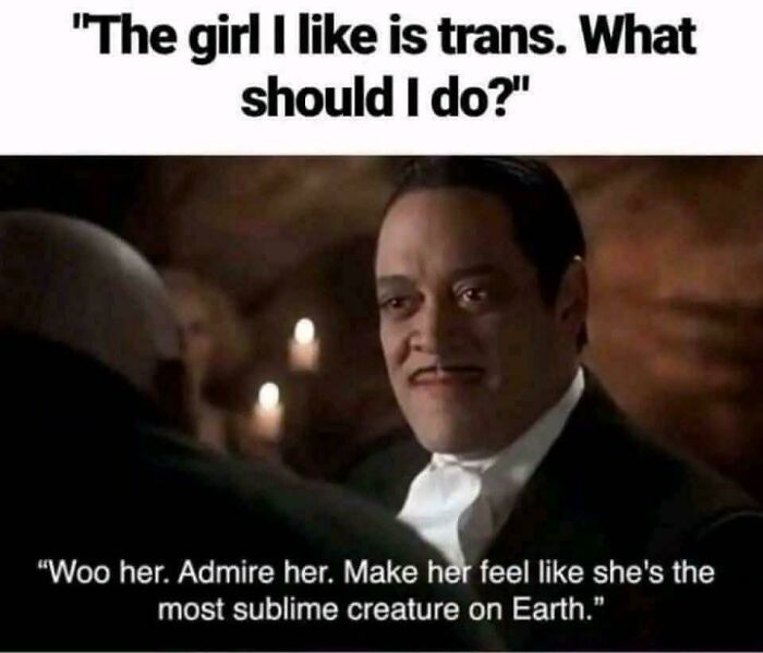 Screenshot of a meme with Gomez Addams giving wholesome advice to a person who likes a trans girl.