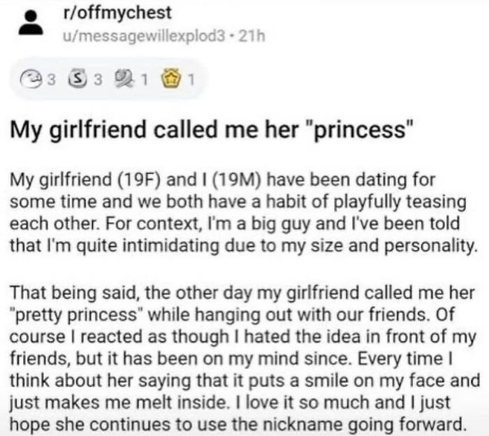 Screenshot of Reddit post about a person feeling wholesome after their girlfriend called them princess.