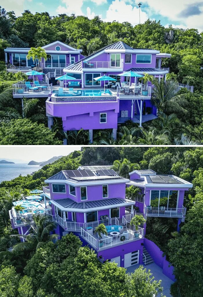 A vibrant purple multi-level house nestled in a lush green hillside overlooking the ocean, a Home Decor Fail.