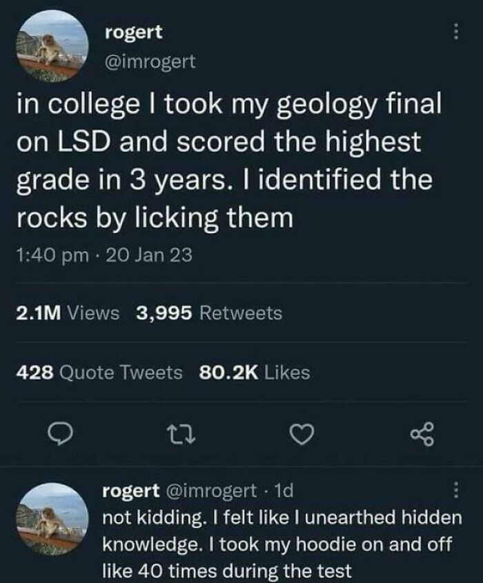 Funny comments tweet about a person passing a geology final by licking rocks after taking LSD.
