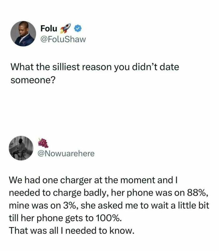 Funny comments from Twitter users about silly reasons for not dating someone because of a phone charger.