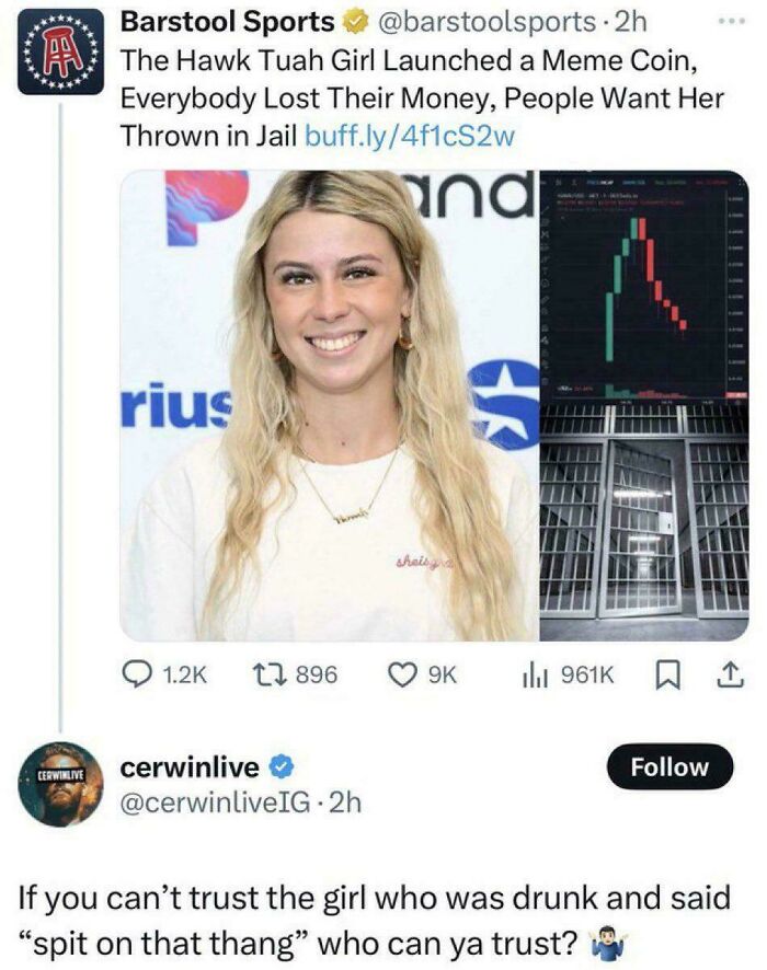 A tweet featuring a news article about a meme coin and a humorous reply about trust. Funny comments.